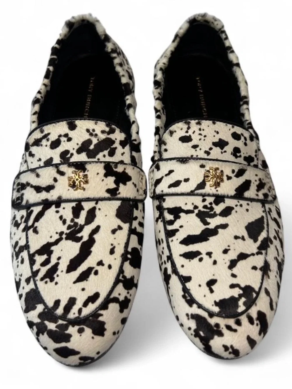 Tory Burch Ballet Loafers in Cow Print, dyed calf hair, smooth leather piping.